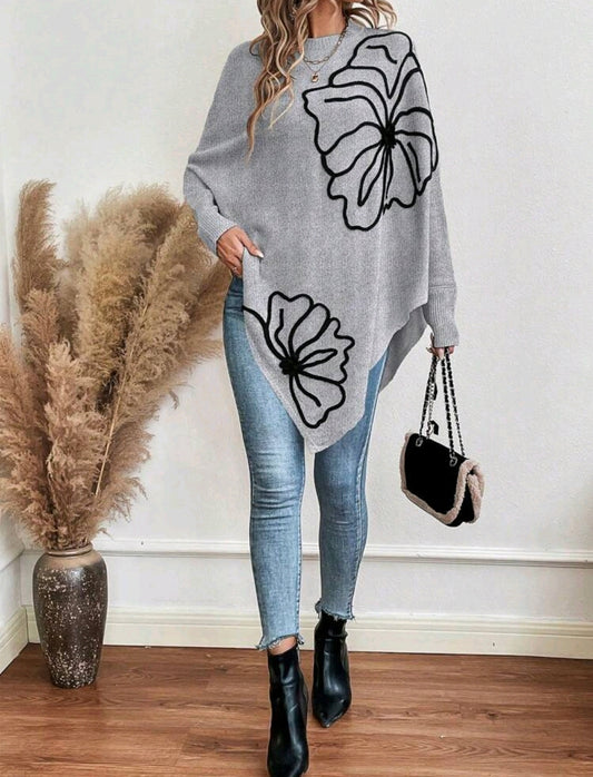 Grey Flower Pattern Asymmetrical Poncho Sweater