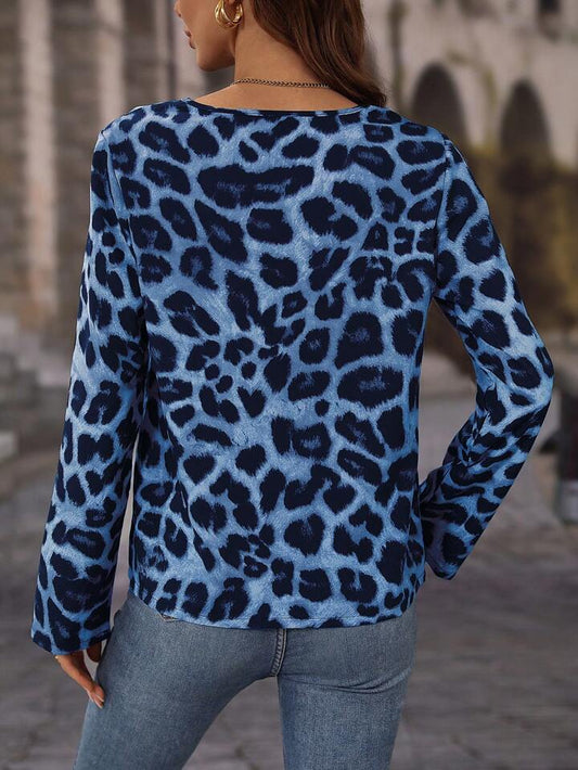 Blue Leopard Print Zipper Blouse