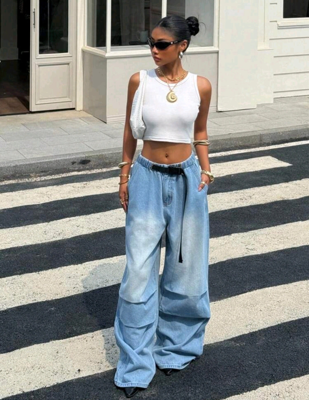 Buckle Waist Belt Pleated Wide Leg Loose Denim Pants