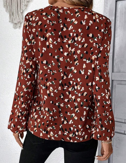 Brown Long Sleeve Printed Patchwork Lace Insert Blouse