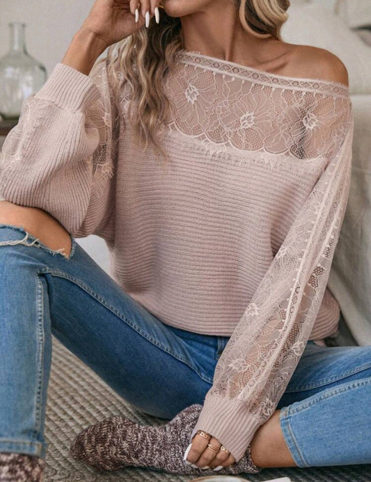 Dusty Pink Lace Trim Boat Neck Batwing Sweater