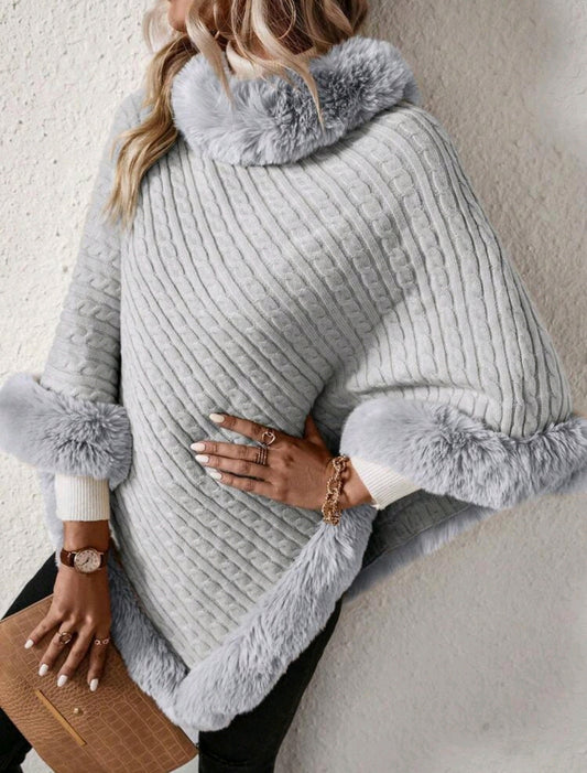 Grey Solid Colour High Neck Fuzzy Trim Batwing Sleeve Sweater