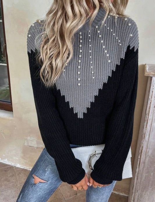 Two Tone Pearl Beaded Drop Shoulder Sweater
