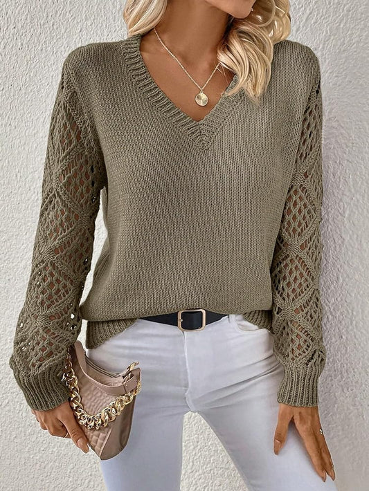 Green Solid Pointelle Knit Long Sleeve Sweater