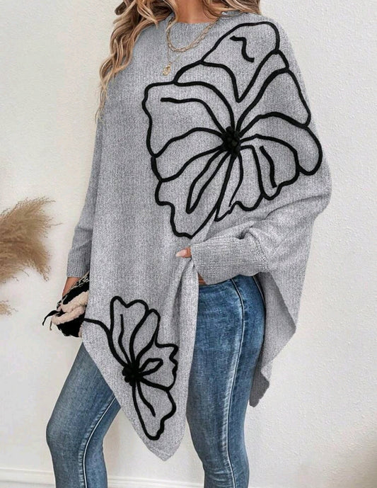 Grey Flower Pattern Asymmetrical Poncho Sweater