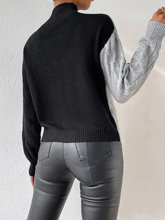 Two Tone Mock Neck Cable Knit Jersey