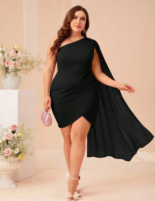 Black Plus Size One Shoulder Cloak Sleeve Wrap Hem Dress