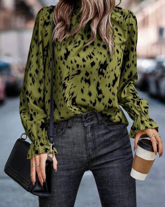 Green Leopard Print High Neck Long Sleeve Blouse