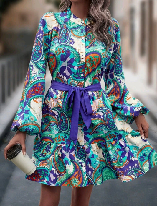 Paisley and Floral Lantern Sleeve Belted Dress