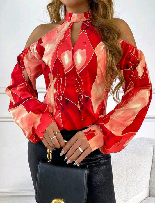 Red Off Shoulder Marble Printed Blouse
