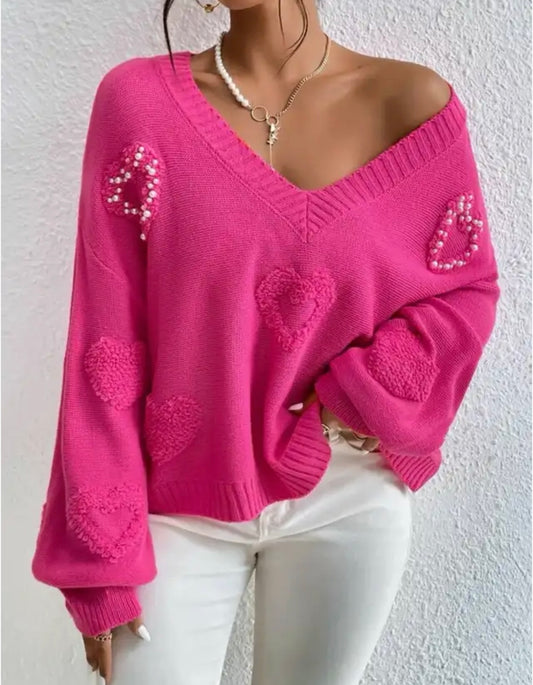 Pink Oversized Pearl Heart V Neck Sweater