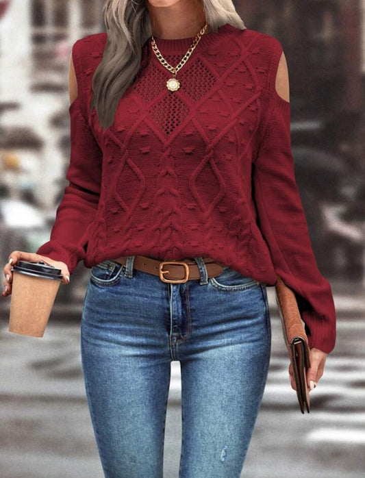 Burgundy Cut Out Sleeve Cable Knit Sweater