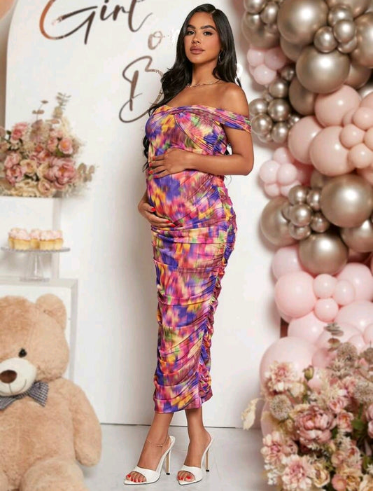 Tie Dye Off Shoulder Ruched Side Maternity Maxi Dress