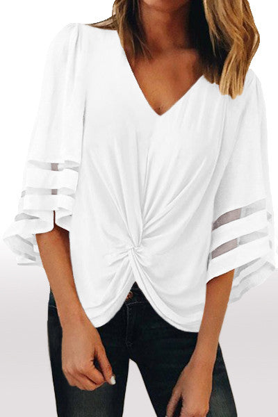 White V Neck Flared Sleeve Twisted Detail Loose Blouse